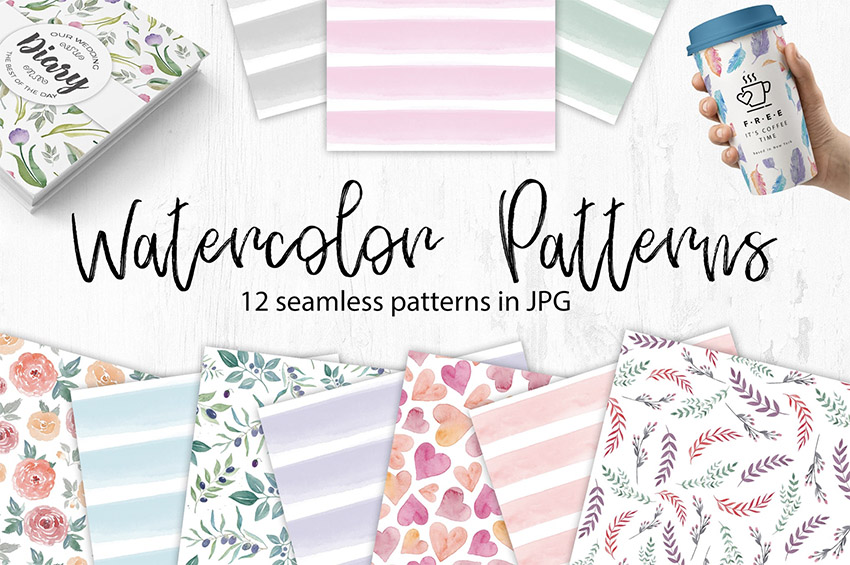 Watercolor Seamless Patterns Flowers and Stripes